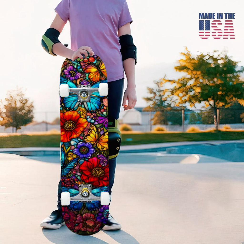 31"x8" Complete Skateboards for Beginners, Vibrant Stained Glass Window Butterflies Flowers Double Kick 7 Ply Canadian Maple Deck Skateboard with Wheels, Gifts for Kids Teens