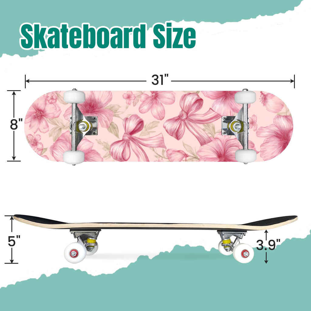 Delicate Pink Floral Ribbon Design 31" x 8" Complete Skateboard, 7-Ply Canadian Maple Double Kick Trick Board for Kids and Beginners Adult Gifts