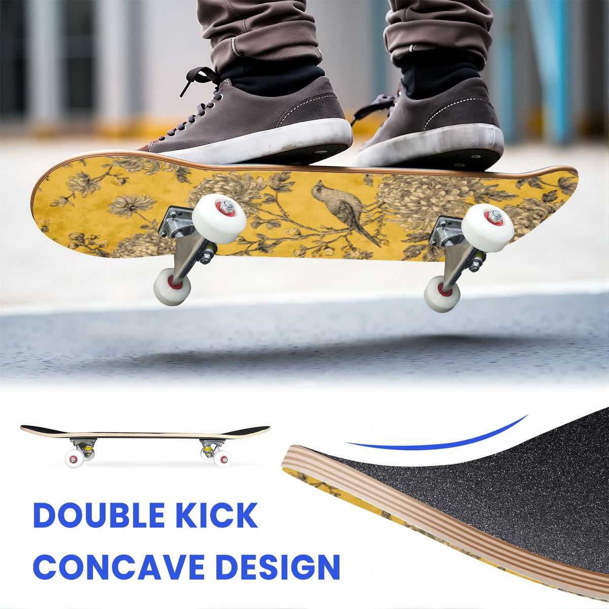 31"x8" Complete Skateboards for Beginners, Turquoise Flowers Teal Daisy Flower Butterfly Blue Romantic Double Kick 7 Ply Canadian Maple Deck Skateboard with Wheels, Gifts for Kids Teens