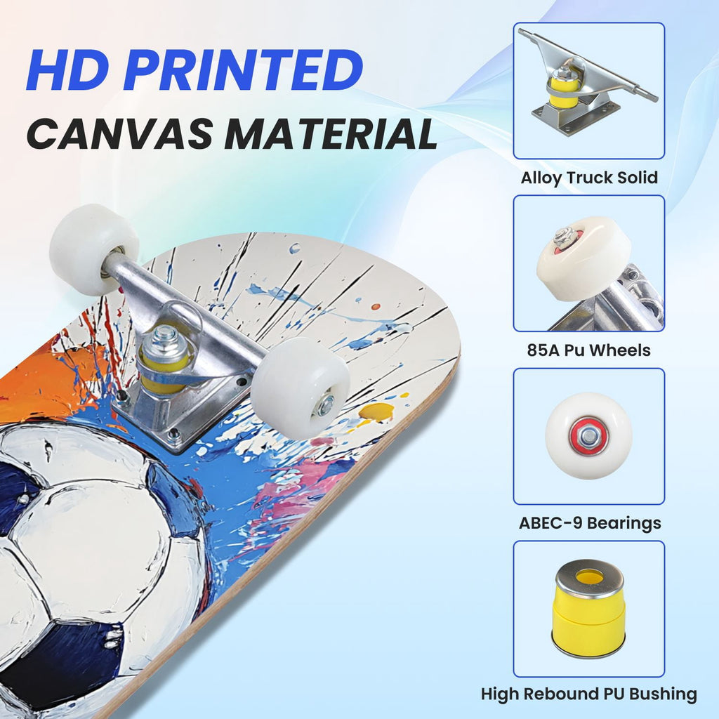 31"x8" Complete Skateboards for Beginners,Abstract Soccer Ball Vibrant Paint Splashes Drips Double Kick 7 Ply Canadian Maple Deck Skateboard with Wheels, Sports Gifts for Kids Teens