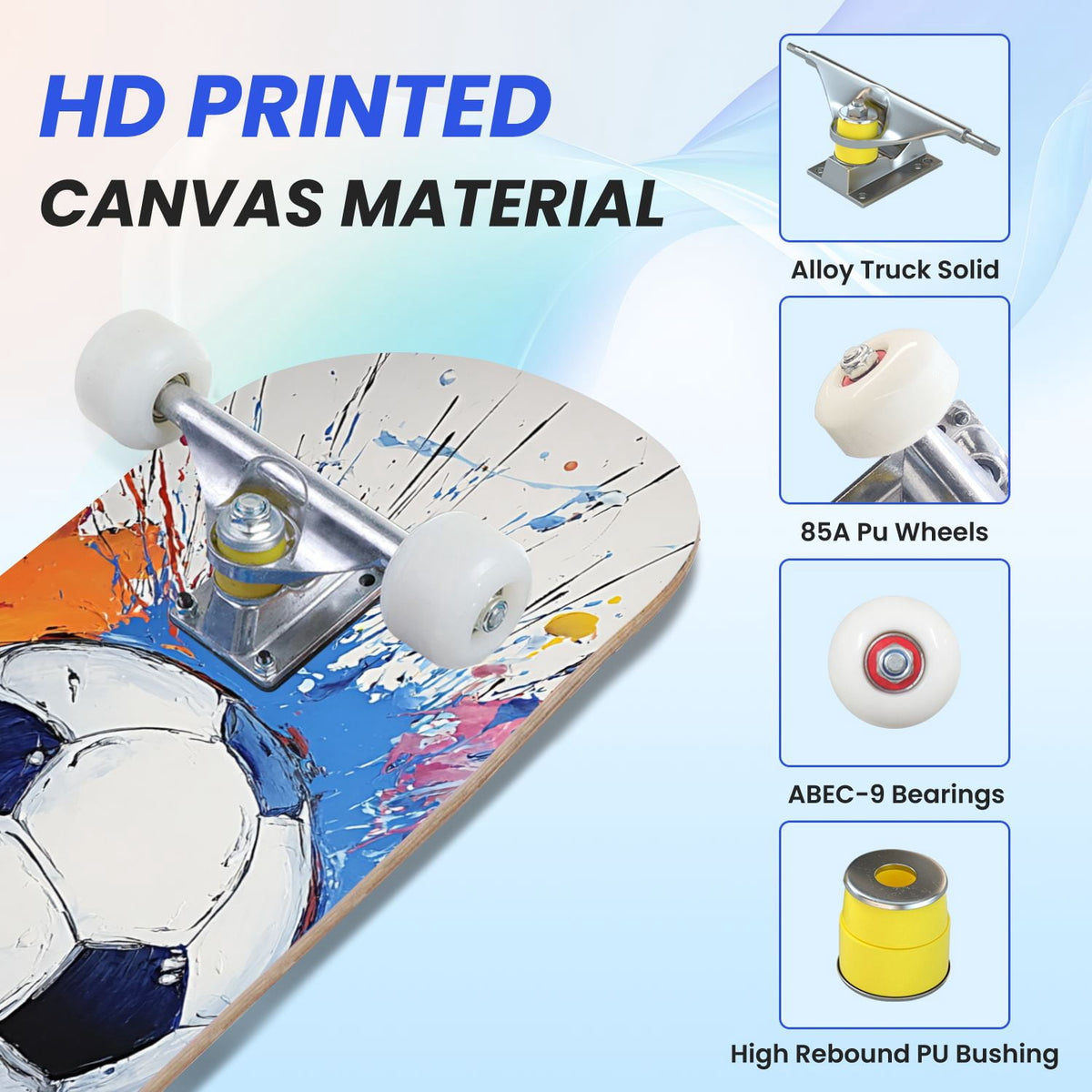 31"x8" Complete Skateboards for Beginners,Abstract Soccer Ball Vibrant Paint Splashes Drips Double Kick 7 Ply Canadian Maple Deck Skateboard with Wheels, Sports Gifts for Kids Teens