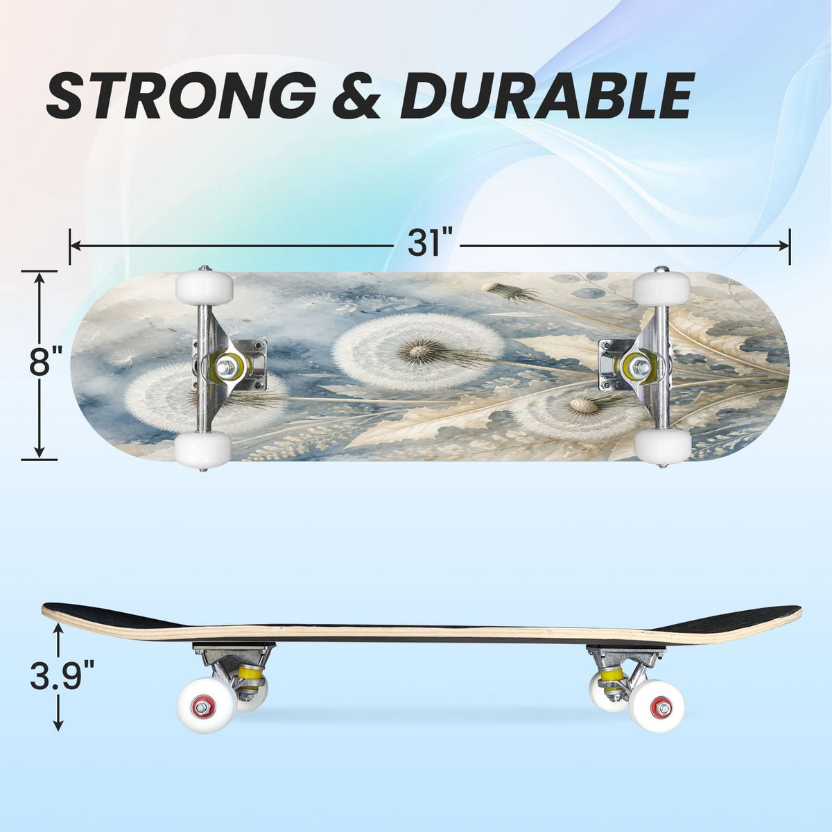31"x8" Complete Skateboards for Beginners,Blue White Vintage Floral Roses Ornate Swirls Double Kick 7 Ply Canadian Maple Deck Skateboard with Wheels, Gifts for Kids Teens
