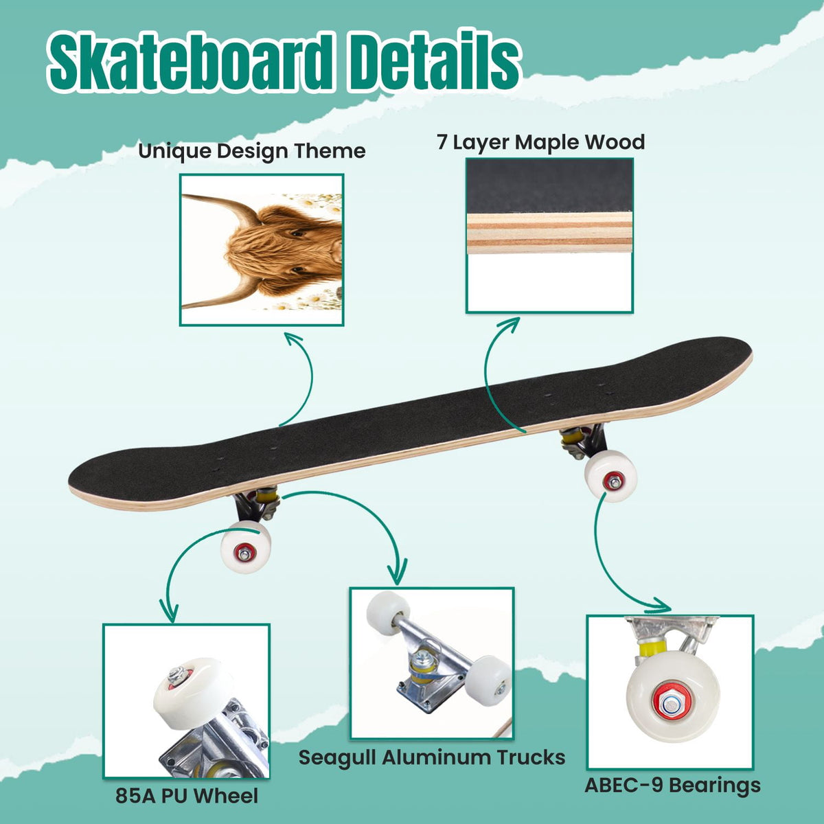 Forest Tree Wood Green Pine Trees Autumn Leaves Fog Misty 31" x 8" Complete Skateboard, 7-Ply Canadian Maple Double Kick Trick Board for Kids and Beginners Adult Gifts