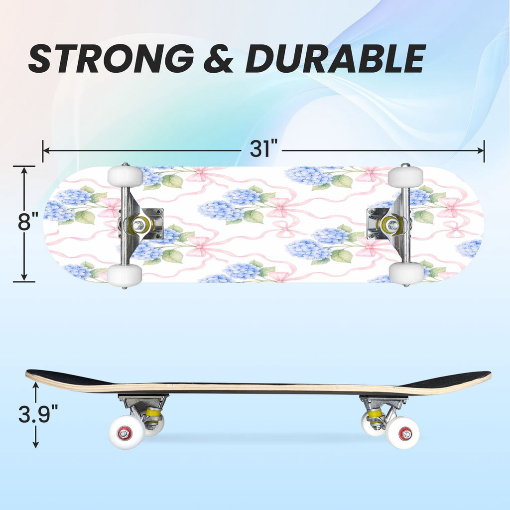 31"x8" Complete Skateboards for Beginners,Elegant White Blue Flowers Soft Petals Dreamy Artistic Double Kick 7 Ply Canadian Maple Deck Skateboard with Wheels, Gifts for Kids Teens