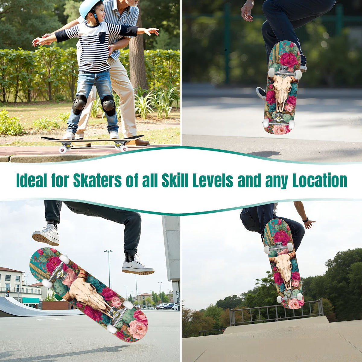 Tropical Jungle Leaf Teal Green Botanical 31" x 8" Complete Skateboard, 7-Ply Canadian Maple Double Kick Trick Board for Kids and Beginners Adult Gifts