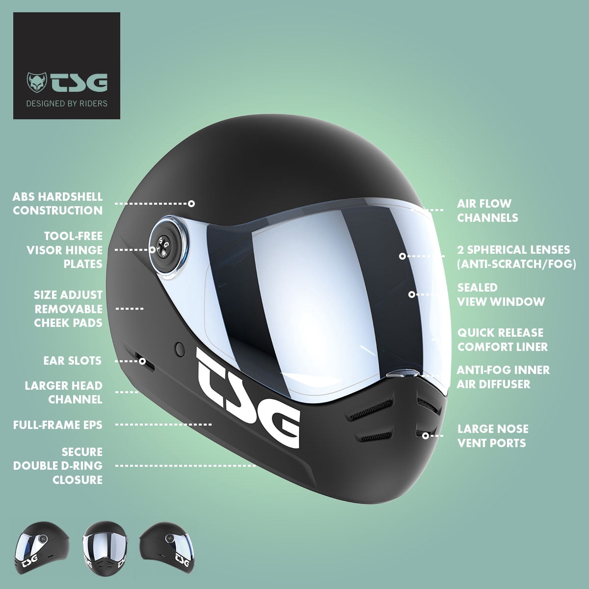TSG Pass 2.0 Full Face Helmet w/Bonus Visor, Downhill Skateboarding, Satin Black