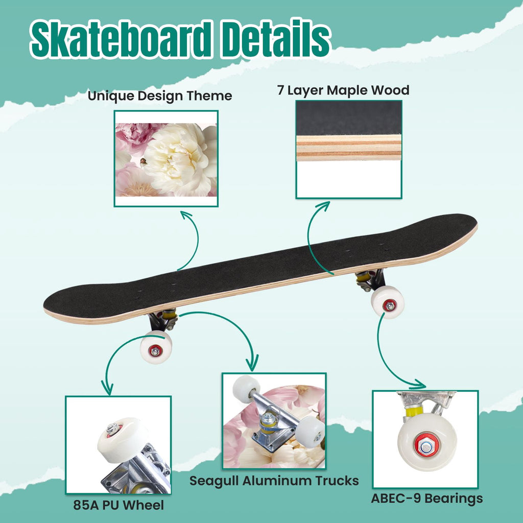 Watercolor Botanical Blue Green Leaves Flowers 31" x 8" Complete Skateboard, 7-Ply Canadian Maple Double Kick Trick Board for Kids and Beginners Adult Gifts