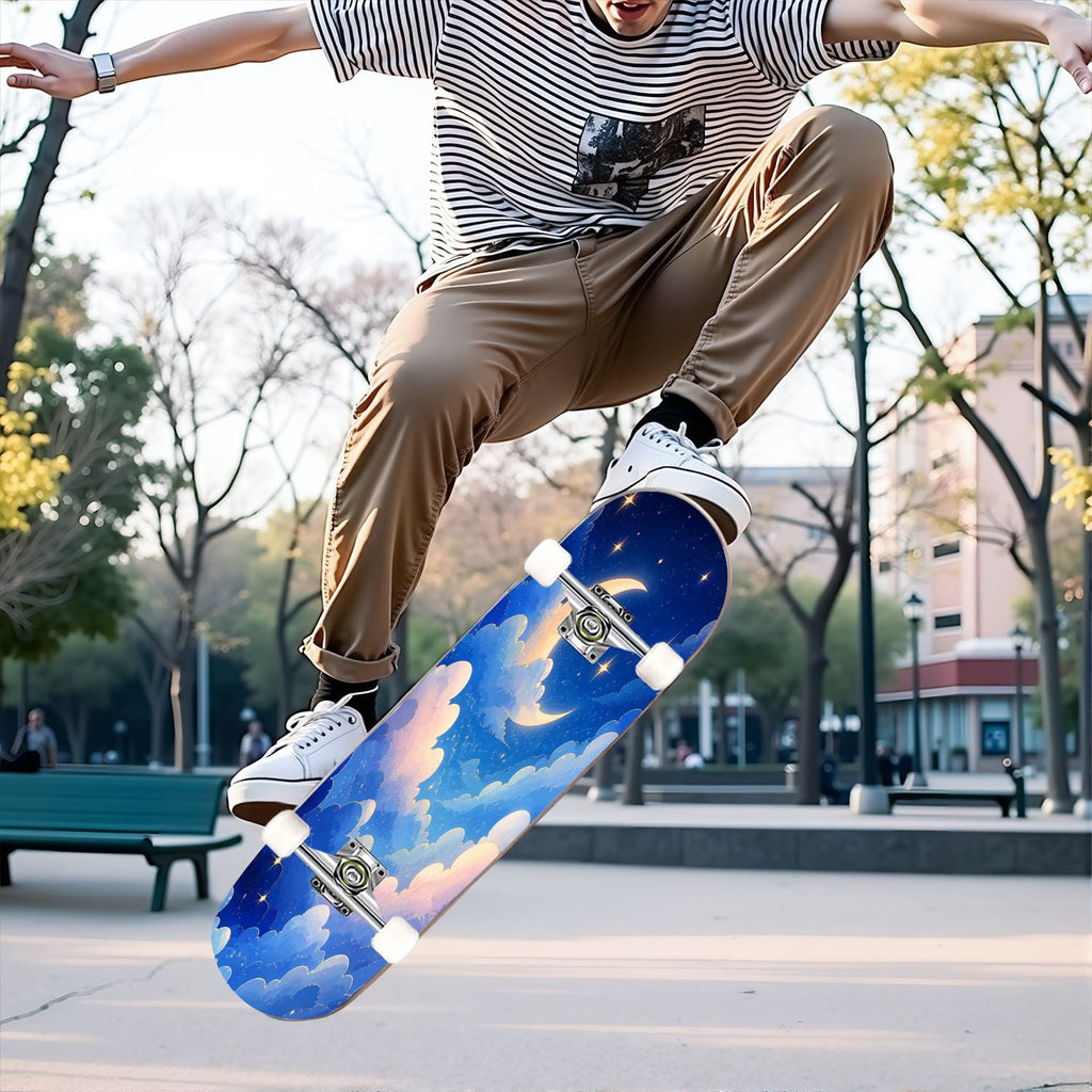 31"x8" Complete Skateboards for Beginners,Blue White Vintage Floral Roses Ornate Swirls Double Kick 7 Ply Canadian Maple Deck Skateboard with Wheels, Gifts for Kids Teens