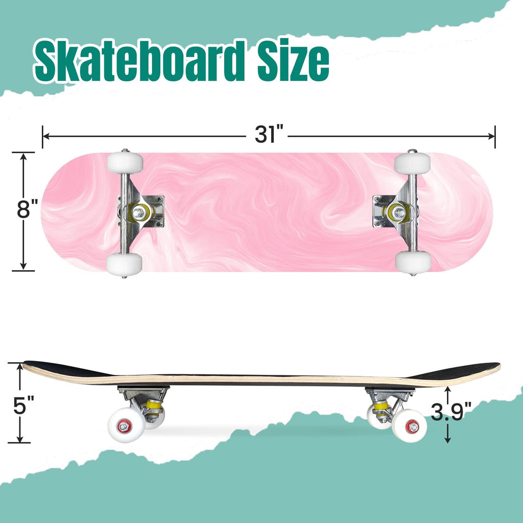 Pink Marble Fluid Abstract Design 31" x 8" Complete Skateboard, 7-Ply Canadian Maple Double Kick Trick Board for Kids and Beginners Adult Gifts