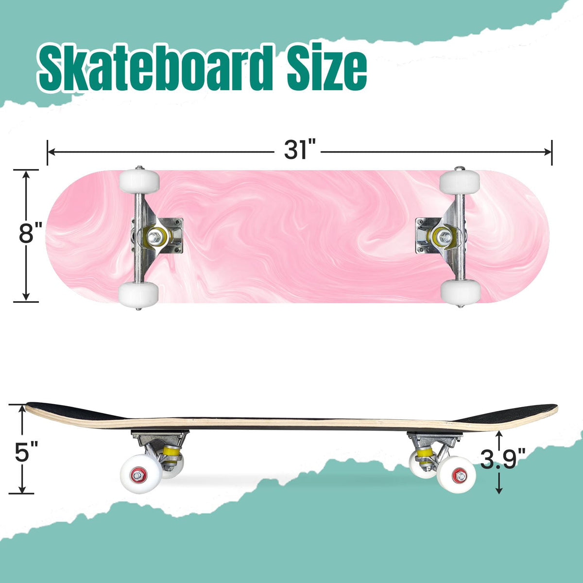 Pink Marble Fluid Abstract Design 31" x 8" Complete Skateboard, 7-Ply Canadian Maple Double Kick Trick Board for Kids and Beginners Adult Gifts