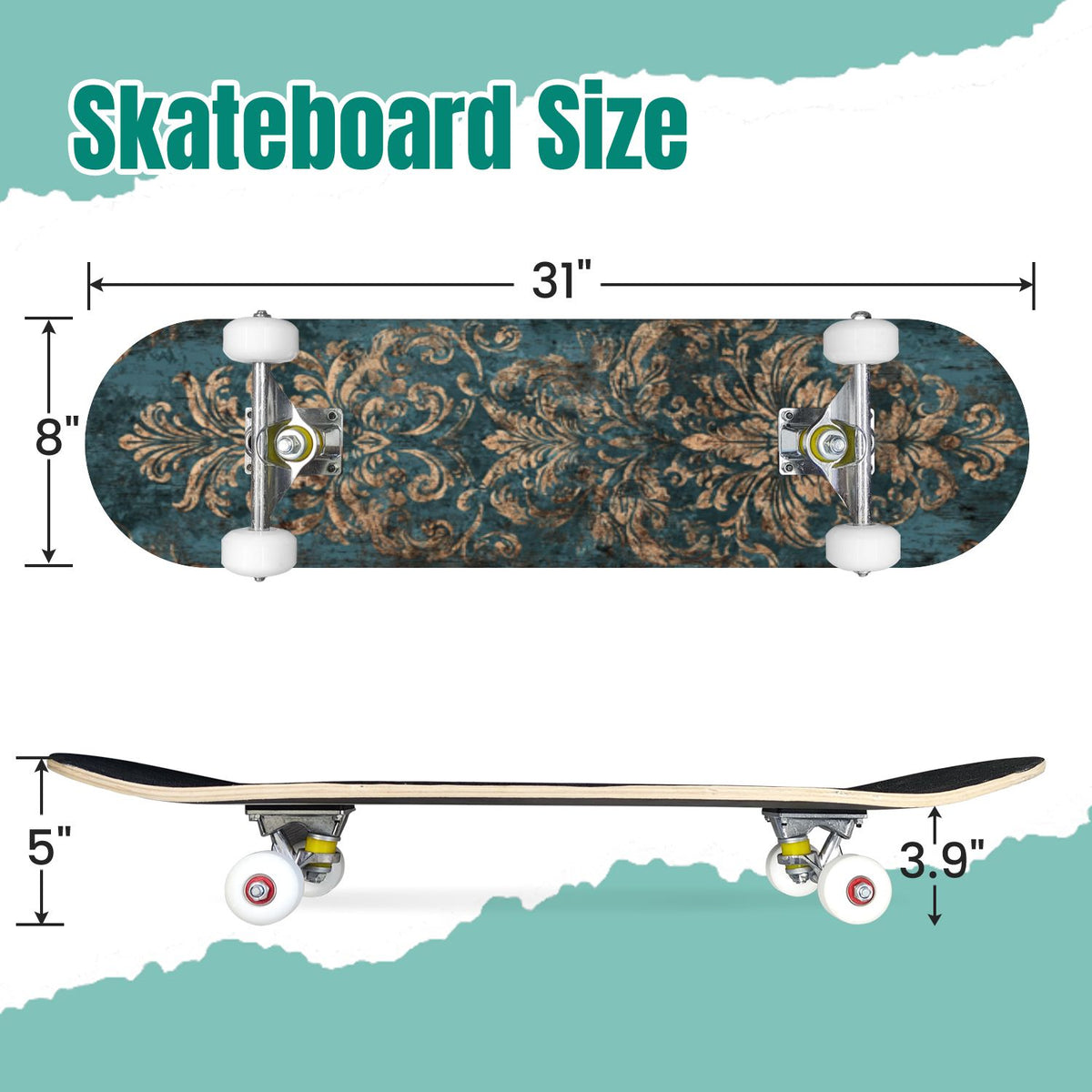 Vintage Damask Light Blue Brown Tones 31" x 8" Complete Skateboard, 7-Ply Canadian Maple Double Kick Trick Board for Kids and Beginners Adult Gifts