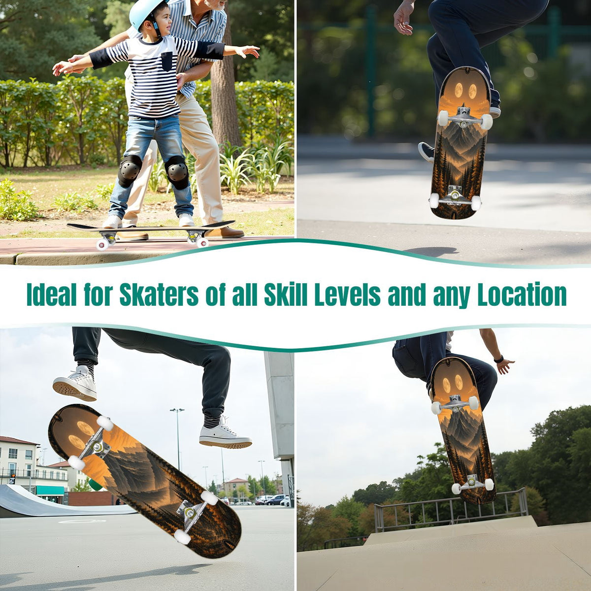 Forest Tree Wood Green Pine Trees Autumn Leaves Fog Misty 31" x 8" Complete Skateboard, 7-Ply Canadian Maple Double Kick Trick Board for Kids and Beginners Adult Gifts
