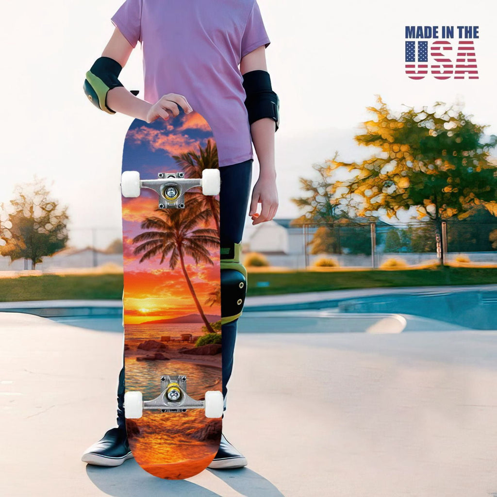 31"x8" Complete Skateboards for Beginners, Blue Deep Sea Sailing Ship Octopus Lighthouse Clouds Ocean Double Kick 7 Ply Canadian Maple Deck Skateboard with Wheels, Gifts for Kids Teens