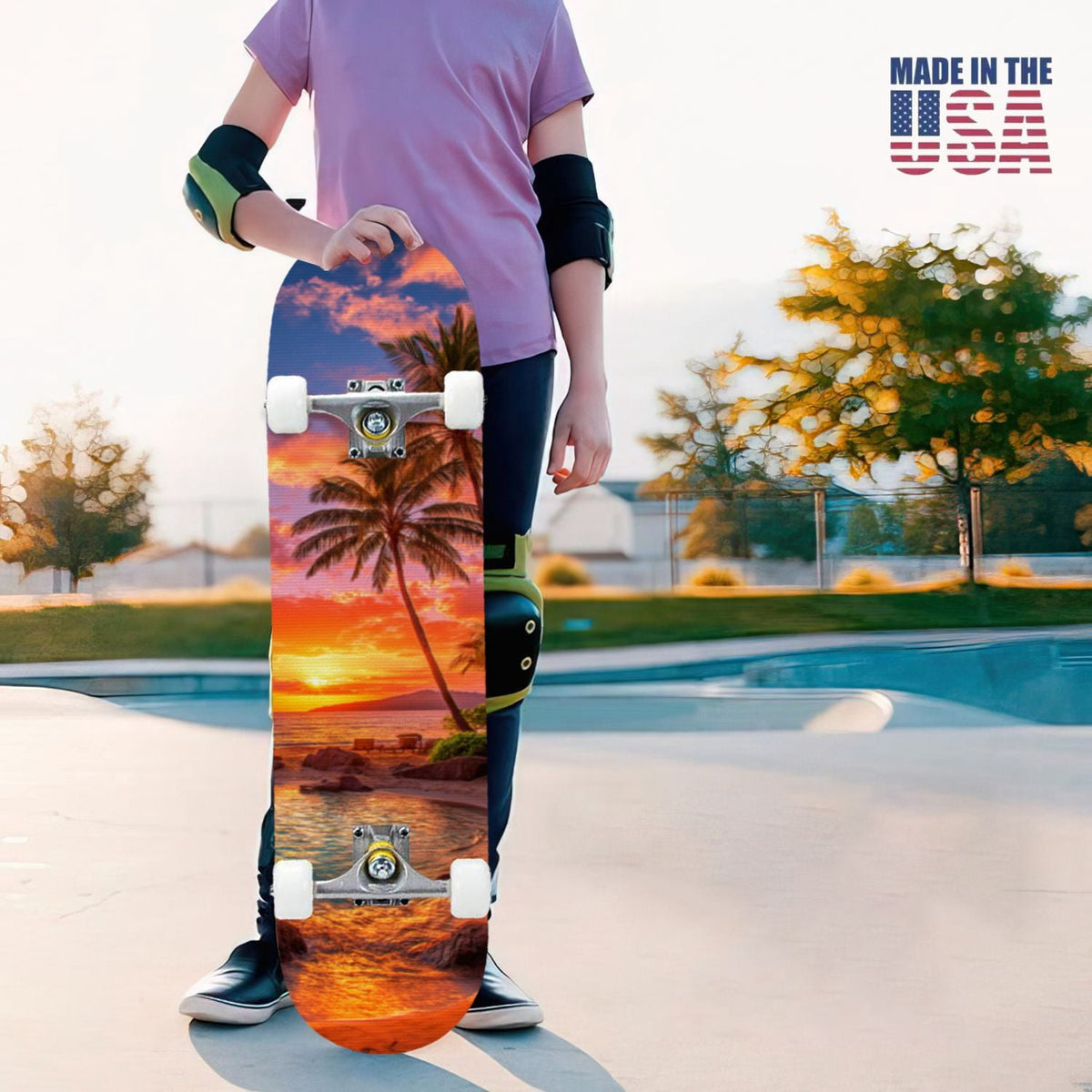 31"x8" Complete Skateboards for Beginners, Blue Deep Sea Sailing Ship Octopus Lighthouse Clouds Ocean Double Kick 7 Ply Canadian Maple Deck Skateboard with Wheels, Gifts for Kids Teens