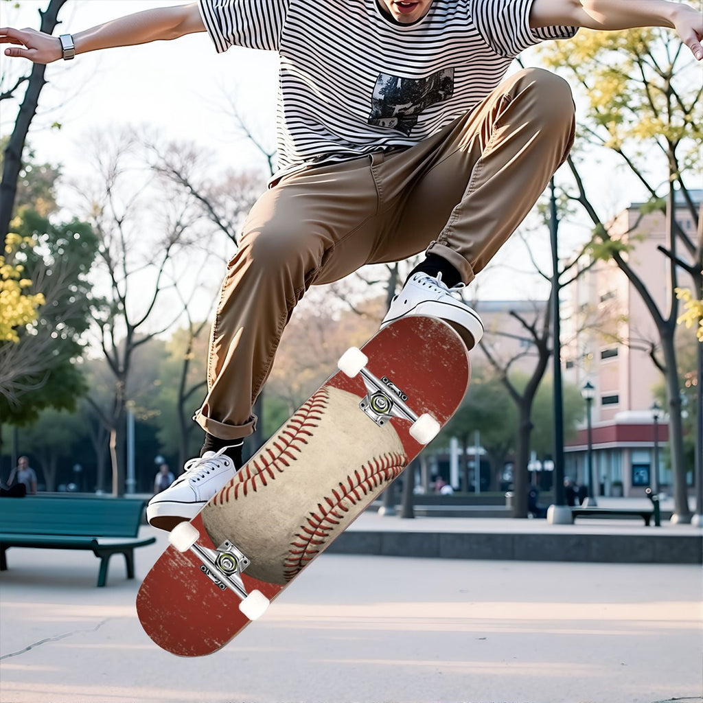 31"x8" Complete Skateboards for Beginners,Vintage Baseball Worn Red Stitches Rustic Double Kick 7 Ply Canadian Maple Deck Skateboard with Wheels, Sports Gifts for Kids Teens