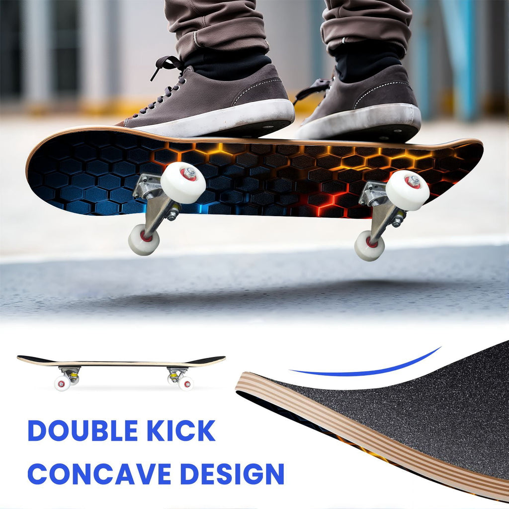 31"x8" Complete Skateboards for Beginners,Hexagon neon blue glow futuristic Double Kick 7 Ply Canadian Maple Deck Skateboard with Wheels, Gifts for Kids Teens
