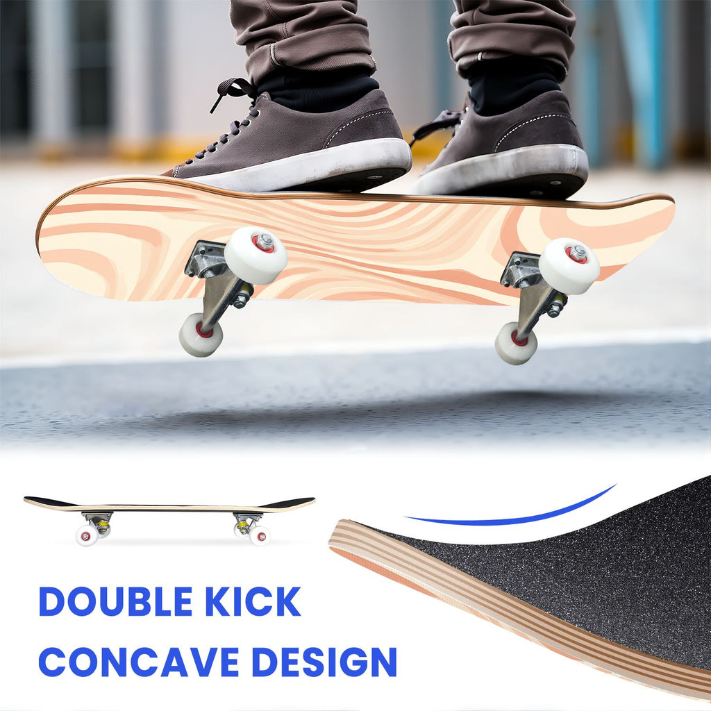 31"x8" Complete Skateboards for Beginners, Abstract Pastel Swirl Soft Earthy Tones Double Kick 7 Ply Canadian Maple Deck Skateboard with Wheels, Gifts for Kids Teens