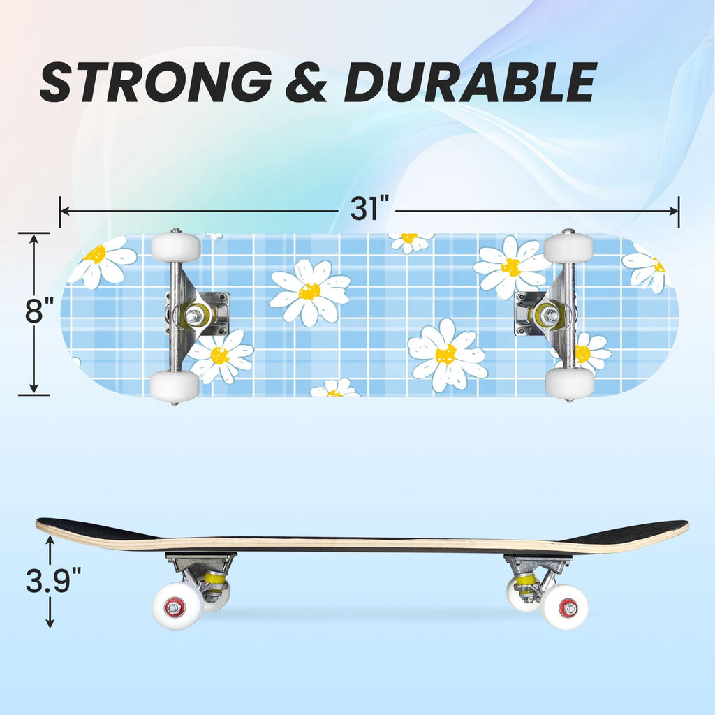 31"x8" Complete Skateboards for Beginners,Pink White Gingham Checkered Subtle Double Kick 7 Ply Canadian Maple Deck Skateboard with Wheels, Gifts for Kids Teens
