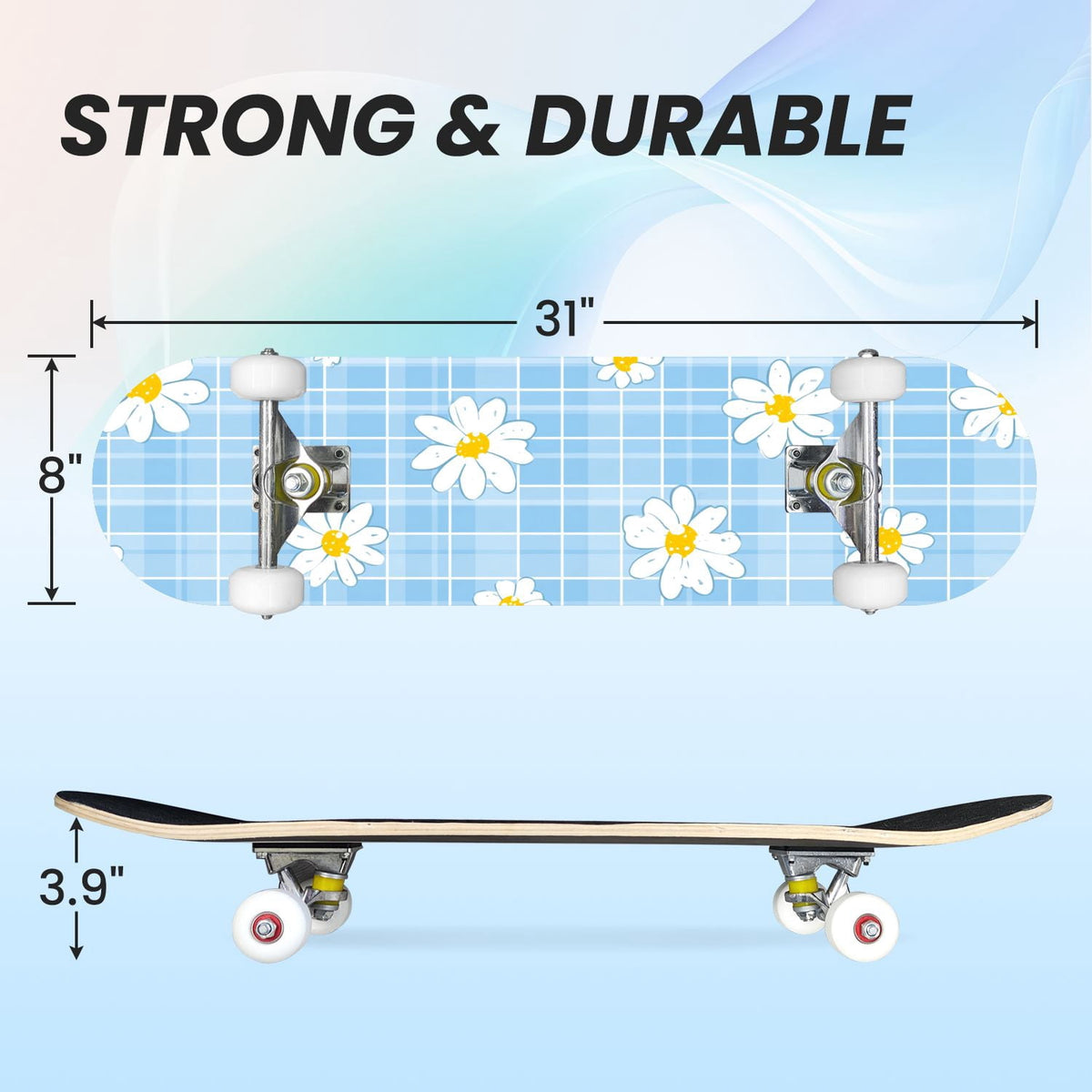 31"x8" Complete Skateboards for Beginners,Pink White Gingham Checkered Subtle Double Kick 7 Ply Canadian Maple Deck Skateboard with Wheels, Gifts for Kids Teens