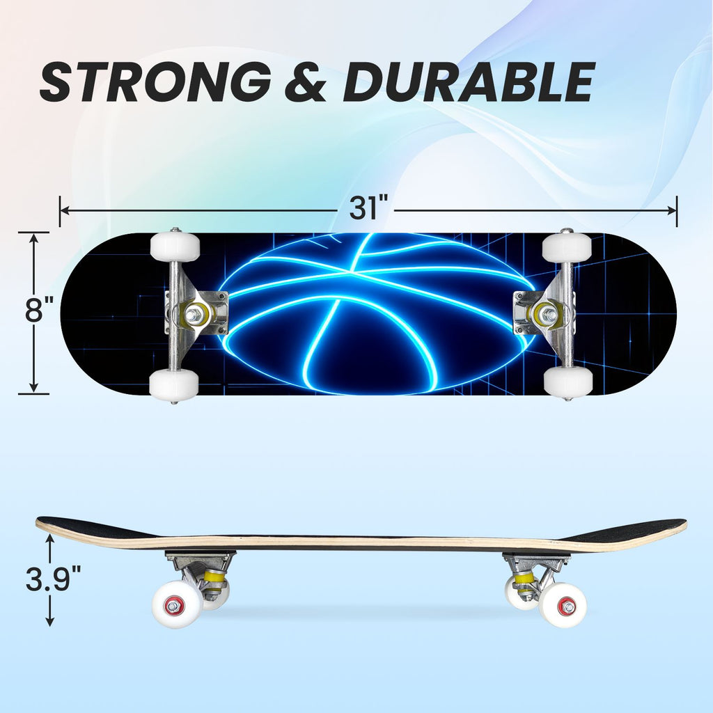 31"x8" Complete Skateboards for Beginners, Honeycomb Futuristic Hexagonal Neon Glowing Orange Light Double Kick 7 Ply Canadian Maple Deck Skateboard with Wheels, Gifts for Kids Teens