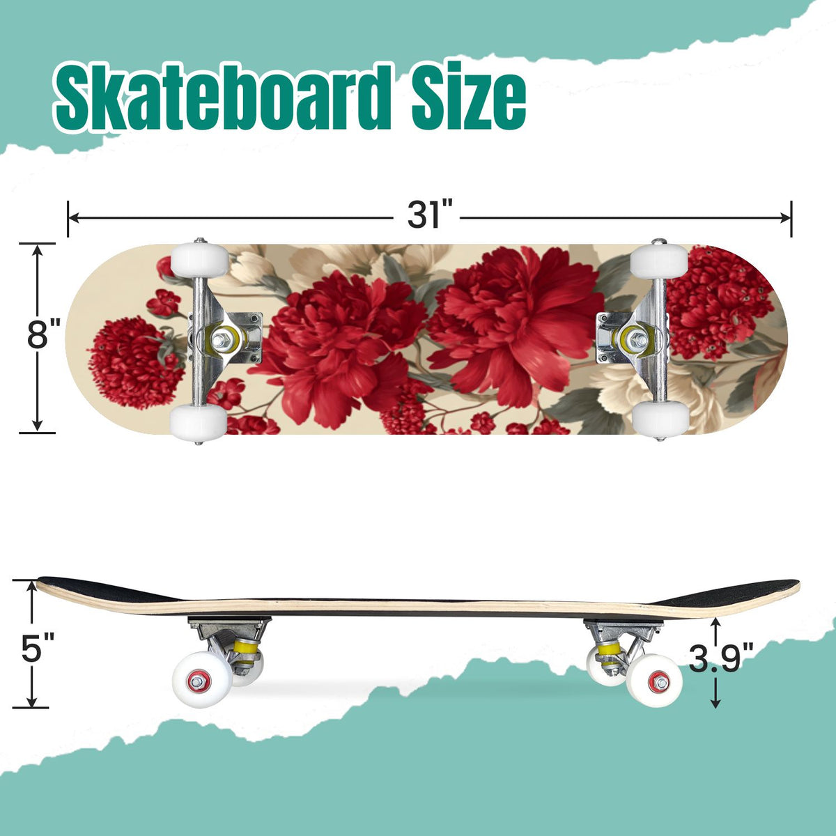 Botanical Birds Lemons Flowers Blue 31" x 8" Complete Skateboard, 7-Ply Canadian Maple Double Kick Trick Board for Kids and Beginners Adult Gifts