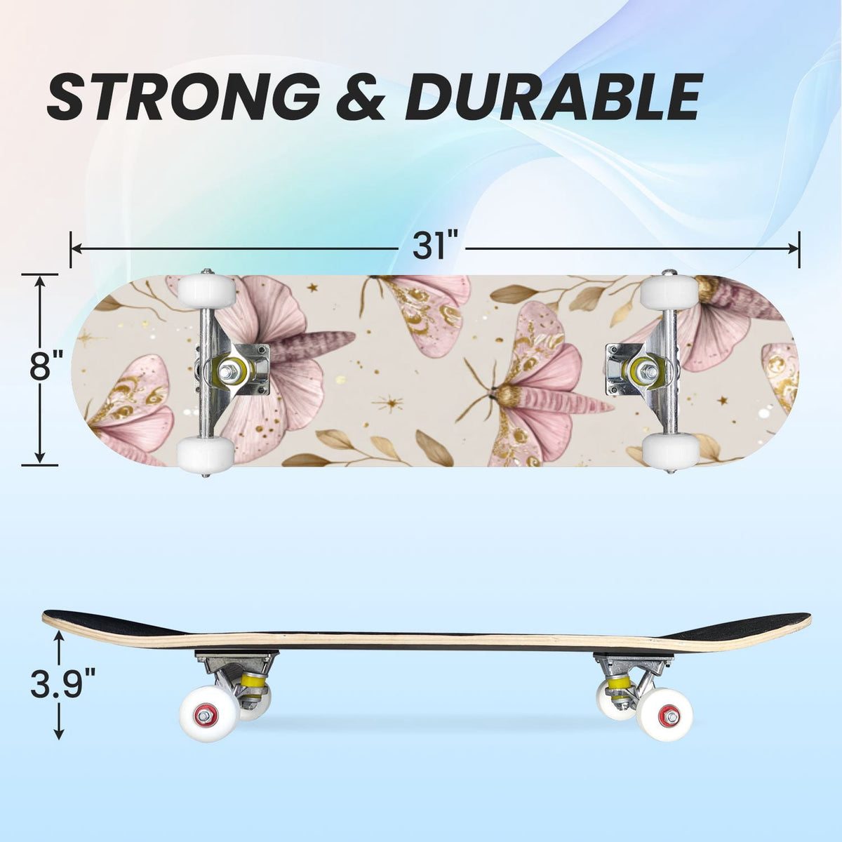 31"x8" Complete Skateboards for Beginners,Whimsical Moths Flowers Pastel Colors Stars Moon Mystical Double Kick 7 Ply Canadian Maple Deck Skateboard with Wheels, Gifts for Kids Teens