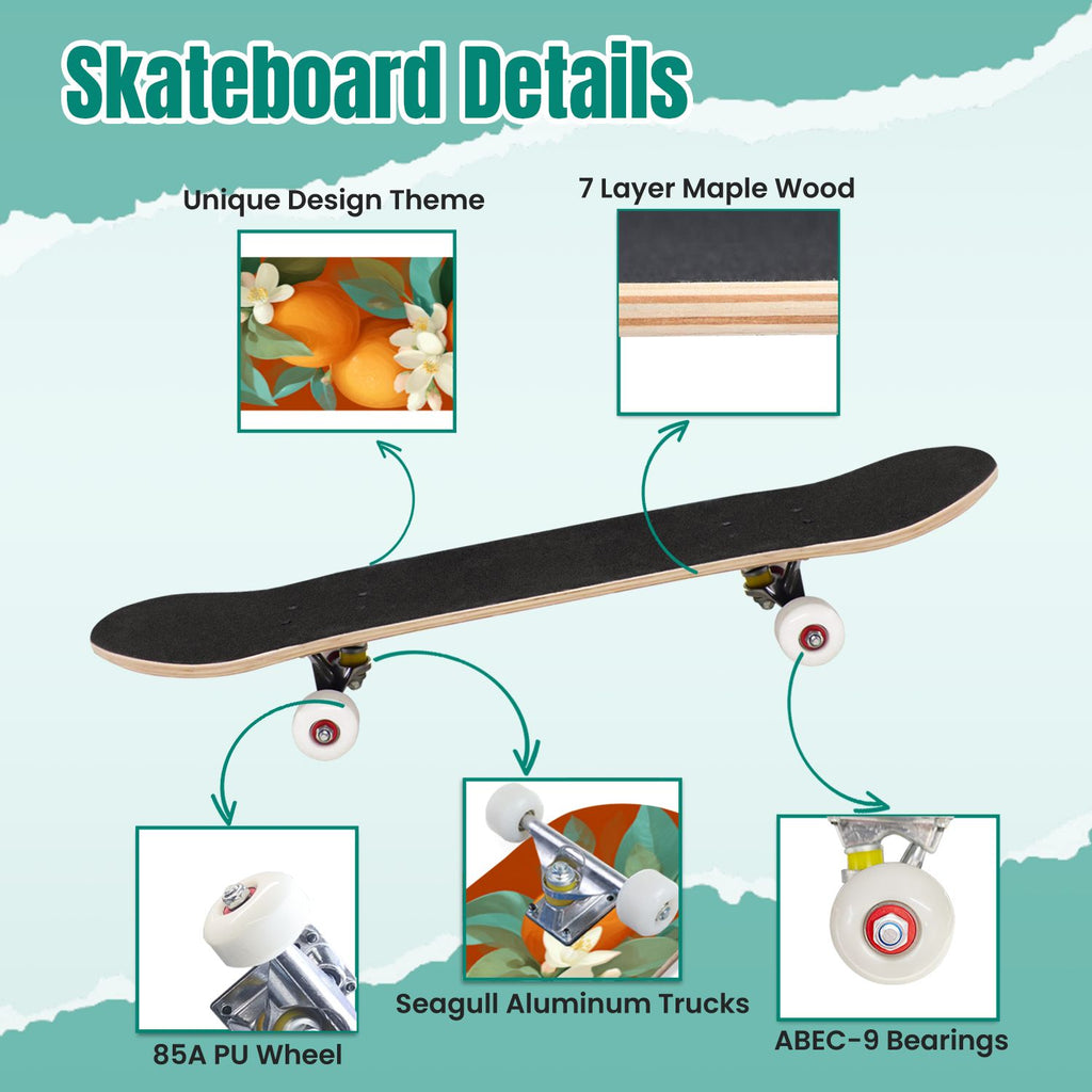 Botanical Birds Lemons Flowers Blue 31" x 8" Complete Skateboard, 7-Ply Canadian Maple Double Kick Trick Board for Kids and Beginners Adult Gifts