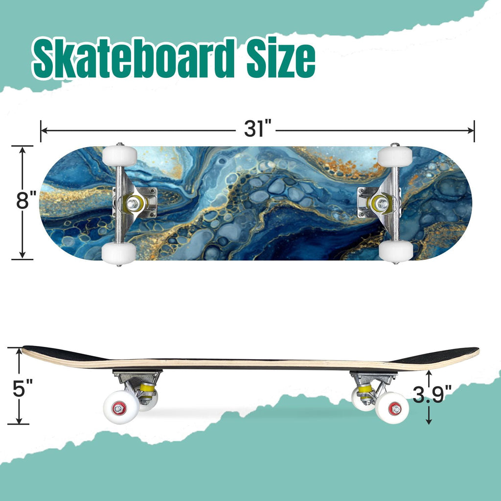 Seashells Starfish Sandy Beach Soft Lighting 31" x 8" Complete Skateboard, 7-Ply Canadian Maple Double Kick Trick Board for Kids and Beginners Adult Gifts