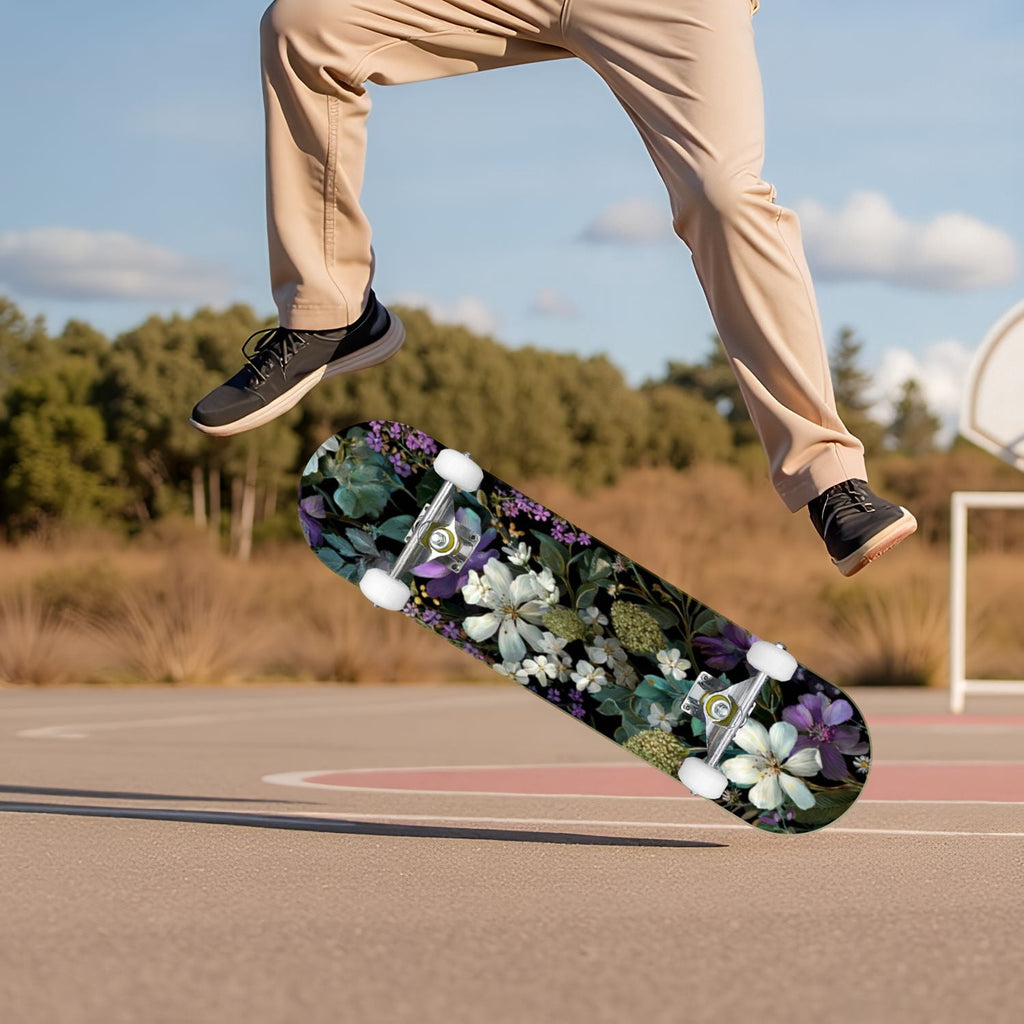 Watercolor Floral Shades Blue Grey Leaves 31" x 8" Complete Skateboard, 7-Ply Canadian Maple Double Kick Trick Board for Kids and Beginners Adult Gifts