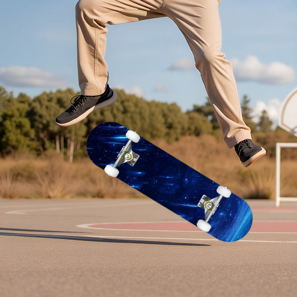 Vibrant Purple Blue Cosmic Galaxy Stars Nebula Clouds 31" x 8" Complete Skateboard, 7-Ply Canadian Maple Double Kick Trick Board for Kids and Beginners Adult Gifts