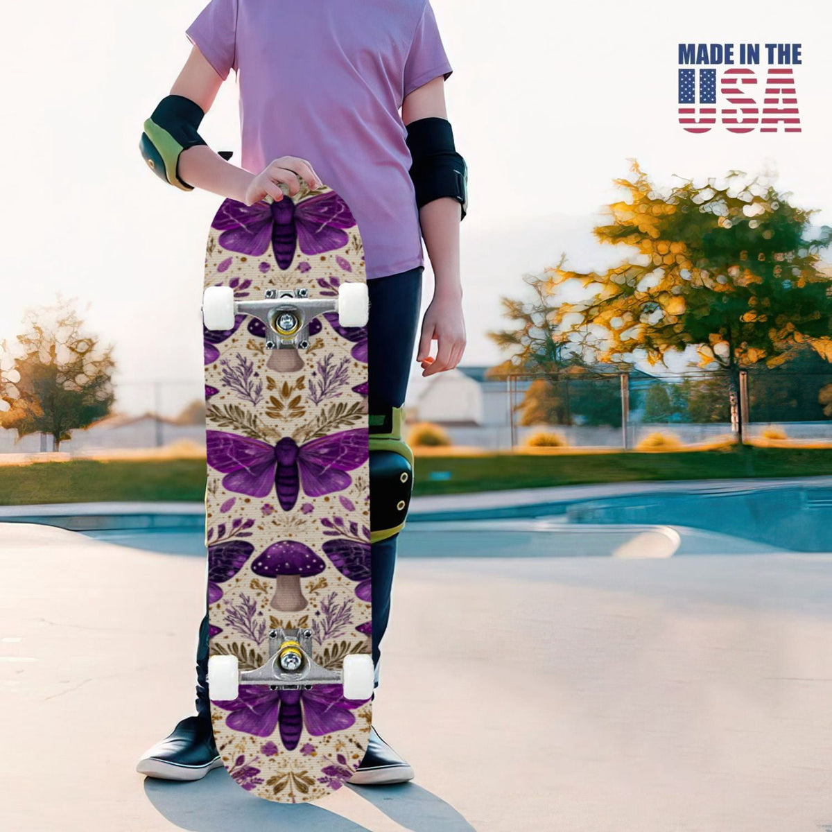 31"x8" Complete Skateboards for Beginners,Whimsical Blue Butterflies Green Foliage Dark Night Fantasy Double Kick 7 Ply Canadian Maple Deck Skateboard with Wheels, Gifts for Kids Teens