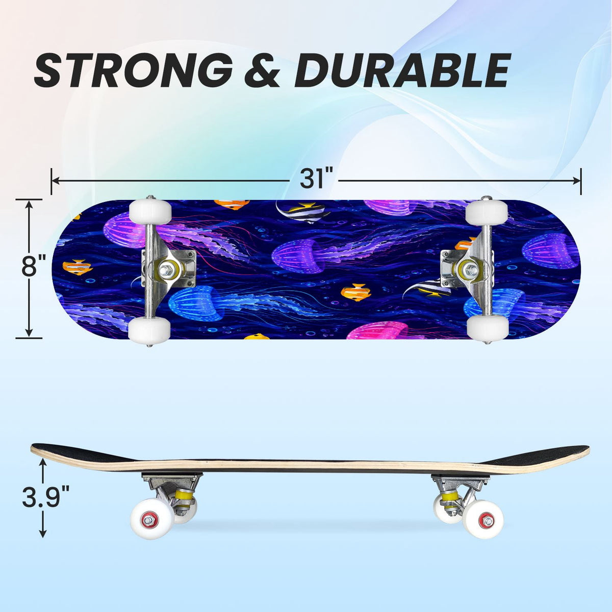 31"x8" Complete Skateboards for Beginners, Seashell Starfish Blue White Nautical Marine Life Double Kick 7 Ply Canadian Maple Deck Skateboard with Wheels, Gifts for Kids Teens