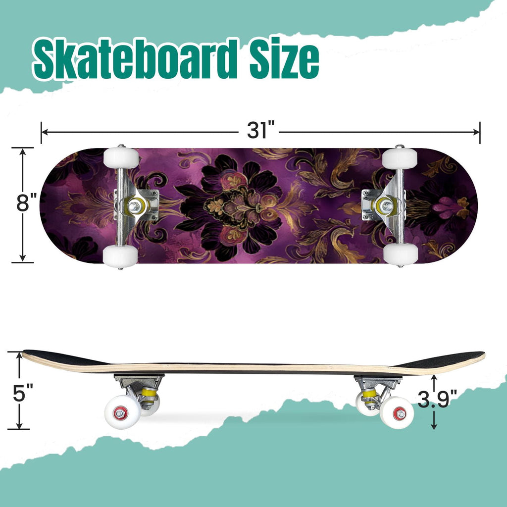 Monstera Leaves Leopard Print Seamless Earth Tones 31" x 8" Complete Skateboard, 7-Ply Canadian Maple Double Kick Trick Board for Kids and Beginners Adult Gifts