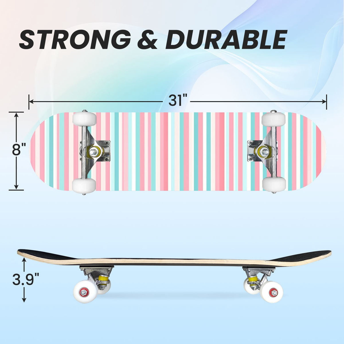 31"x8" Complete Skateboards for Beginners, Idyllic Tropical Beach Turquoise Water Golden Sand Shoreline Double Kick 7 Ply Canadian Maple Deck Skateboard with Wheels, Gifts for Kids Teens