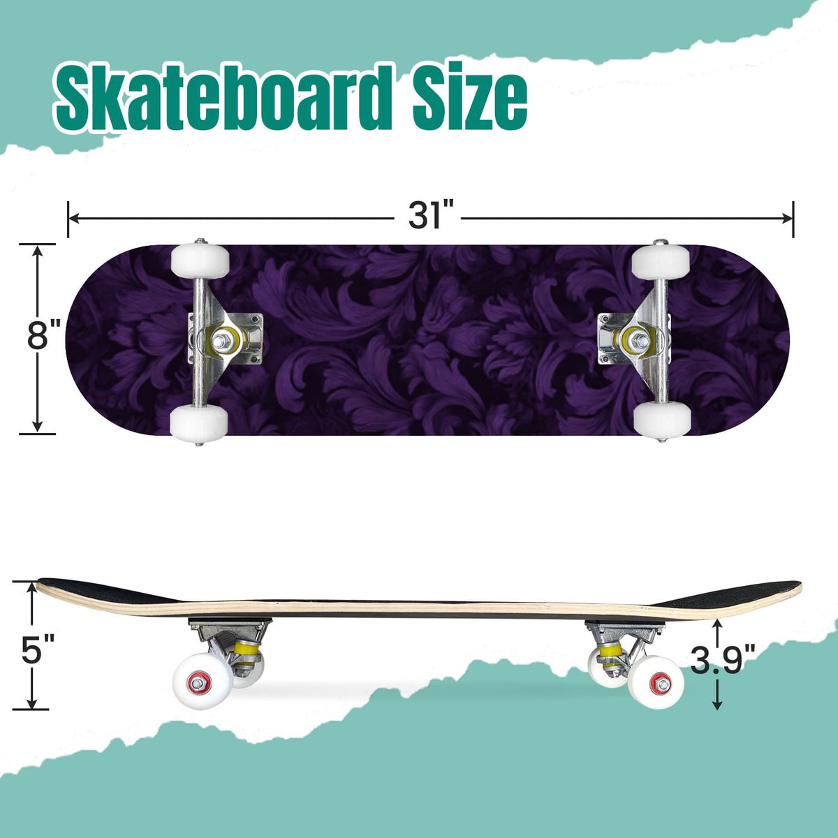 Elegant Purple Damask 31" x 8" Complete Skateboard, 7-Ply Canadian Maple Double Kick Trick Board for Kids and Beginners Adult Gifts