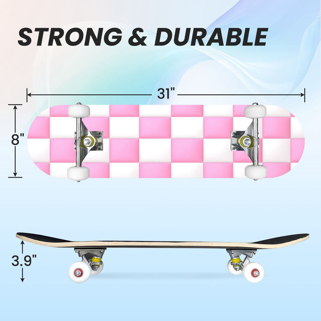 31"x8" Complete Skateboards for Beginners,Black Pink Checkered Retro Aesthetic Double Kick 7 Ply Canadian Maple Deck Skateboard with Wheels, Gifts for Kids Teens
