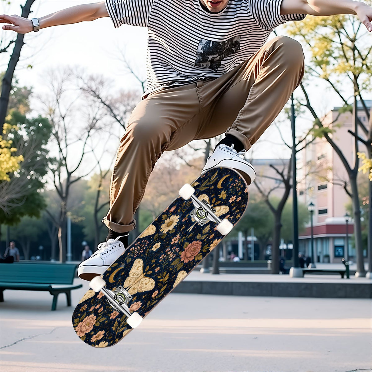 31"x8" Complete Skateboards for Beginners, Colorful Butterfly Blooming Flowers Under Full Moon Starry Double Kick 7 Ply Canadian Maple Deck Skateboard with Wheels, Gifts for Kids Teens