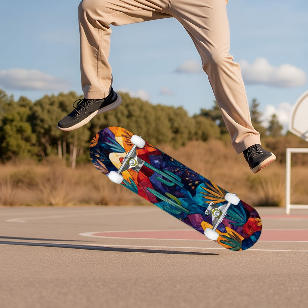 Botanical Floral Peonies Hummingbirds 31" x 8" Complete Skateboard, 7-Ply Canadian Maple Double Kick Trick Board for Kids and Beginners Adult Gifts