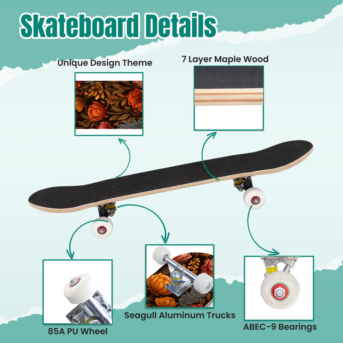 Golden Floral Line Art Seamless 31" x 8" Complete Skateboard, 7-Ply Canadian Maple Double Kick Trick Board for Kids and Beginners Adult Gifts