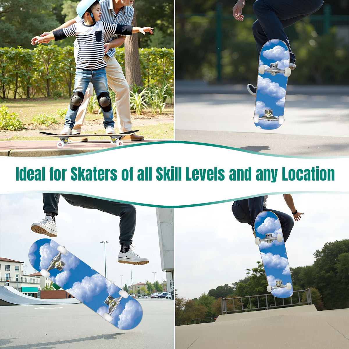 31"x8" Complete Skateboards for Beginners, Pastel Sky Fluffy Clouds Pink Purple Blue Summer Decor Double Kick 7 Ply Canadian Maple Deck Skateboard with Wheels, Gifts for Kids Teens