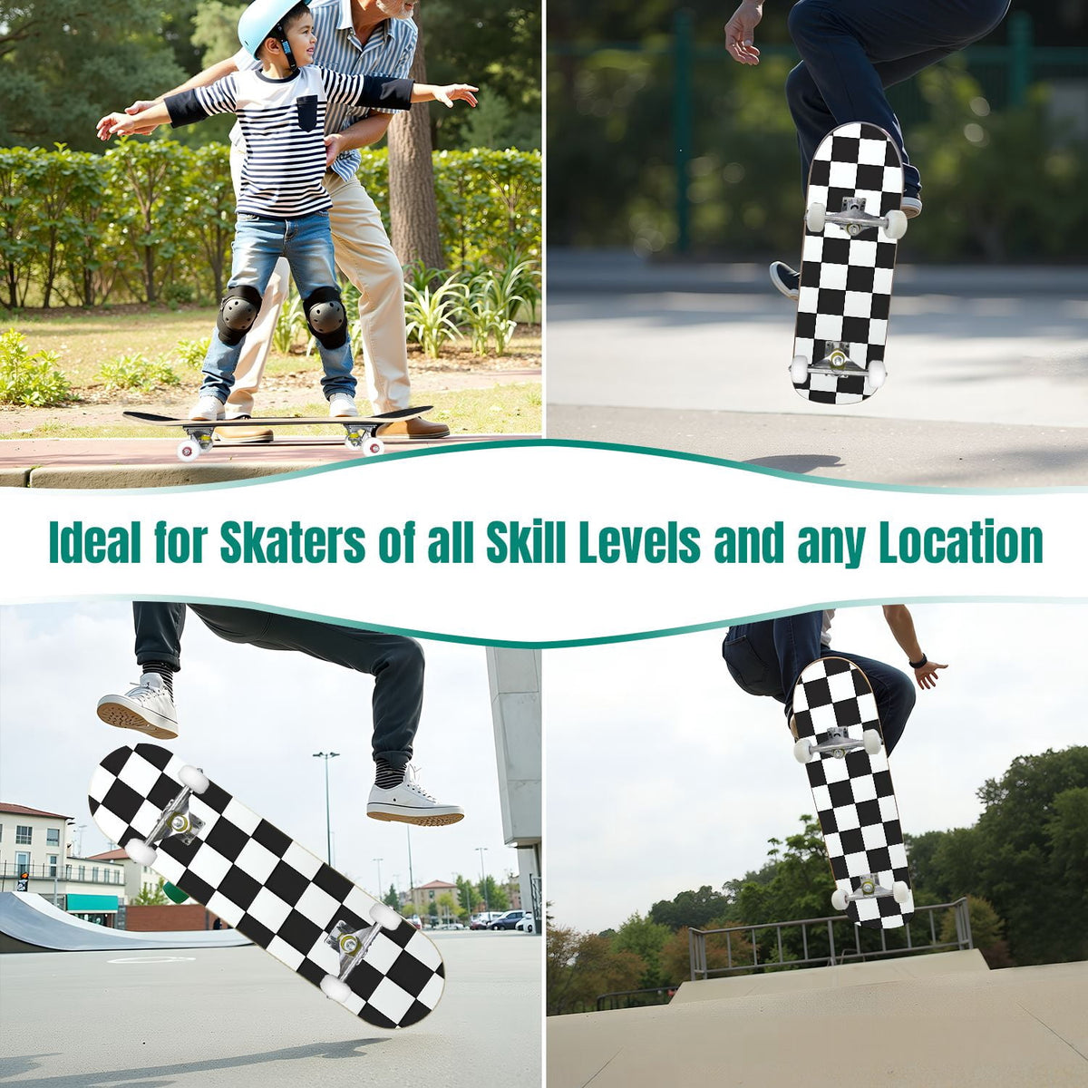 31"x8" Complete Skateboards for Beginners,Light Green White Gingham Checkered Double Kick 7 Ply Canadian Maple Deck Skateboard with Wheels, Gifts for Kids Teens