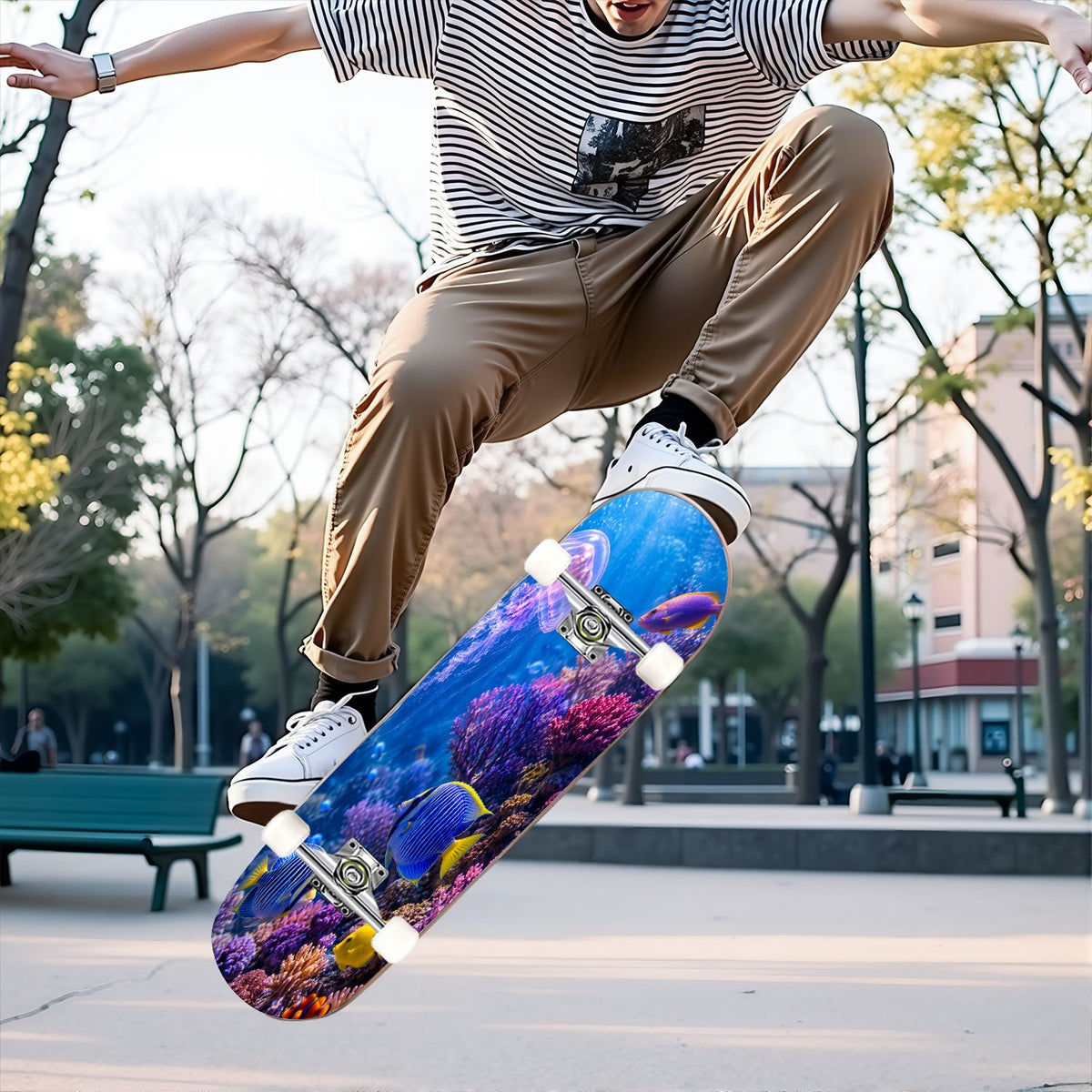 31"x8" Complete Skateboards for Beginners, Colorful Cosmic Octopus Tentacles Starry Marine Life Double Kick 7 Ply Canadian Maple Deck Skateboard with Wheels, Gifts for Kids Teens