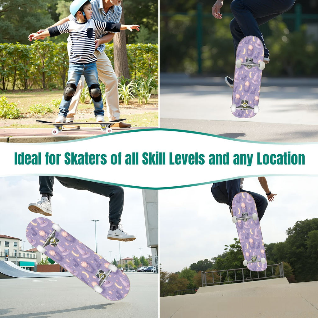31"x8" Complete Skateboards for Beginners,Halloween Themed Pumpkins Witch Hats Spooky Double Kick 7 Ply Canadian Maple Deck Skateboard with Wheels, Gifts for Kids Teens