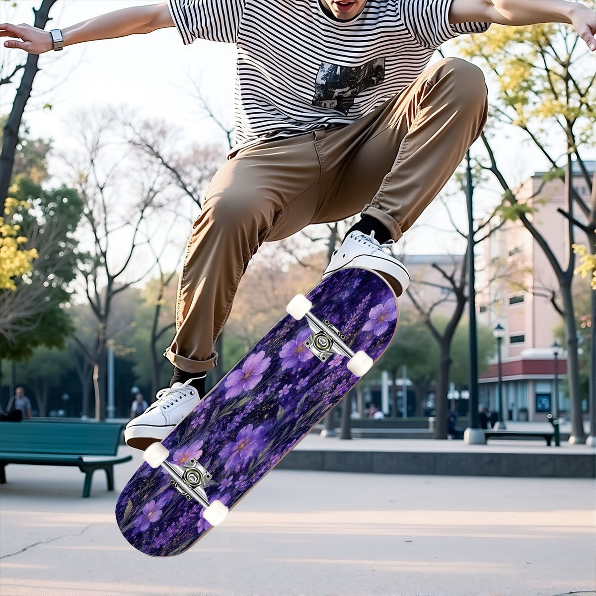 31"x8" Complete Skateboards for Beginners, Purple White Cosmos Flowers Butterflies Watercolor Double Kick 7 Ply Canadian Maple Deck Skateboard with Wheels, Gifts for Kids Teens