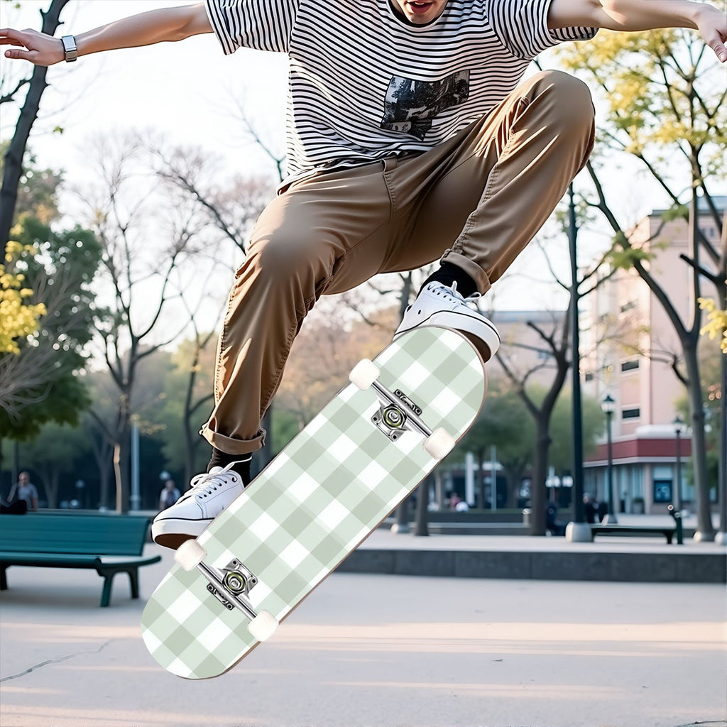31"x8" Complete Skateboards for Beginners,Light Green White Gingham Checkered Double Kick 7 Ply Canadian Maple Deck Skateboard with Wheels, Gifts for Kids Teens