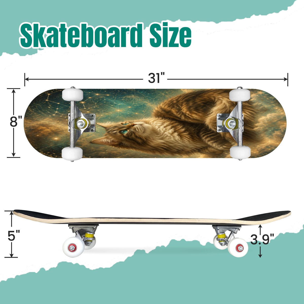 Rose Teal Rose Painting Turquoise Blue Flower Kitchen Decor 31" x 8" Complete Skateboard, 7-Ply Canadian Maple Double Kick Trick Board for Kids and Beginners Adult Gifts