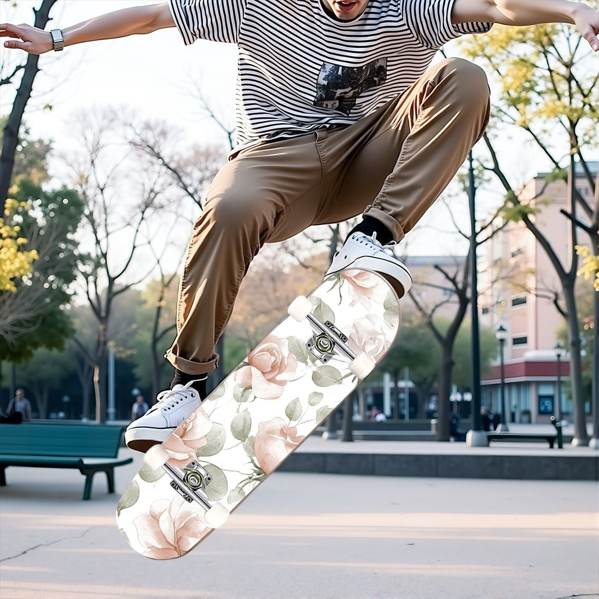 31"x8" Complete Skateboards for Beginners, Elegant Peony Floral Soft Pink White Tones Neutral Double Kick 7 Ply Canadian Maple Deck Skateboard with Wheels, Gifts for Kids Teens