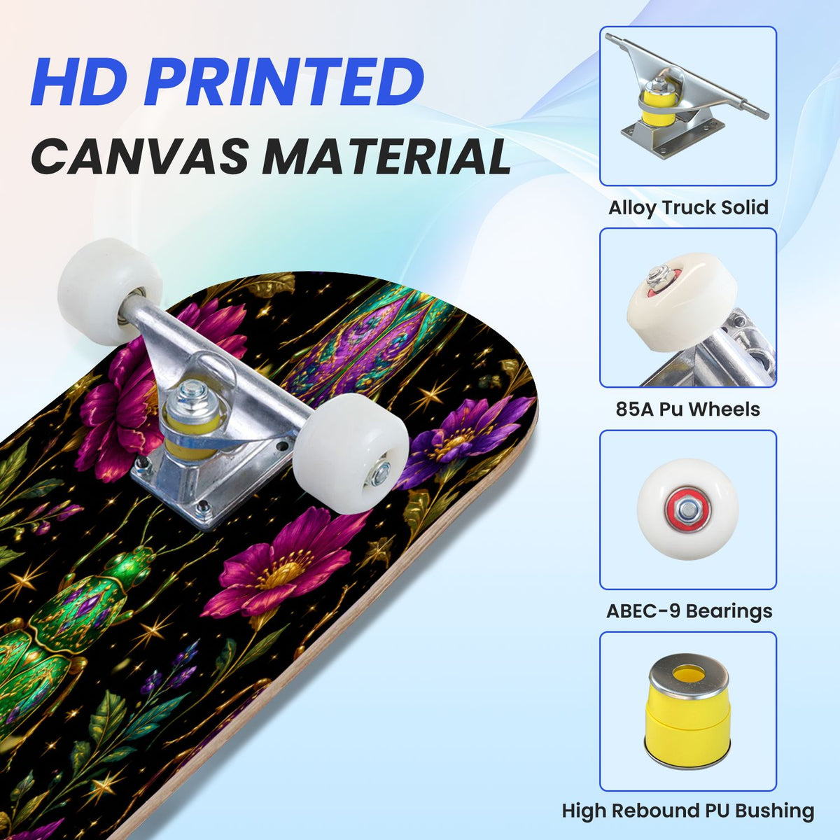 31"x8" Complete Skateboards for Beginners, Colorful Mushroom Floral Magical Night Forest Vintage Double Kick 7 Ply Canadian Maple Deck Skateboard with Wheels, Gifts for Kids Teens