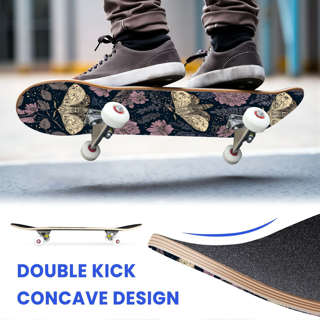 31"x8" Complete Skateboards for Beginners,Whimsical Blue Butterflies Green Foliage Dark Night Fantasy Double Kick 7 Ply Canadian Maple Deck Skateboard with Wheels, Gifts for Kids Teens