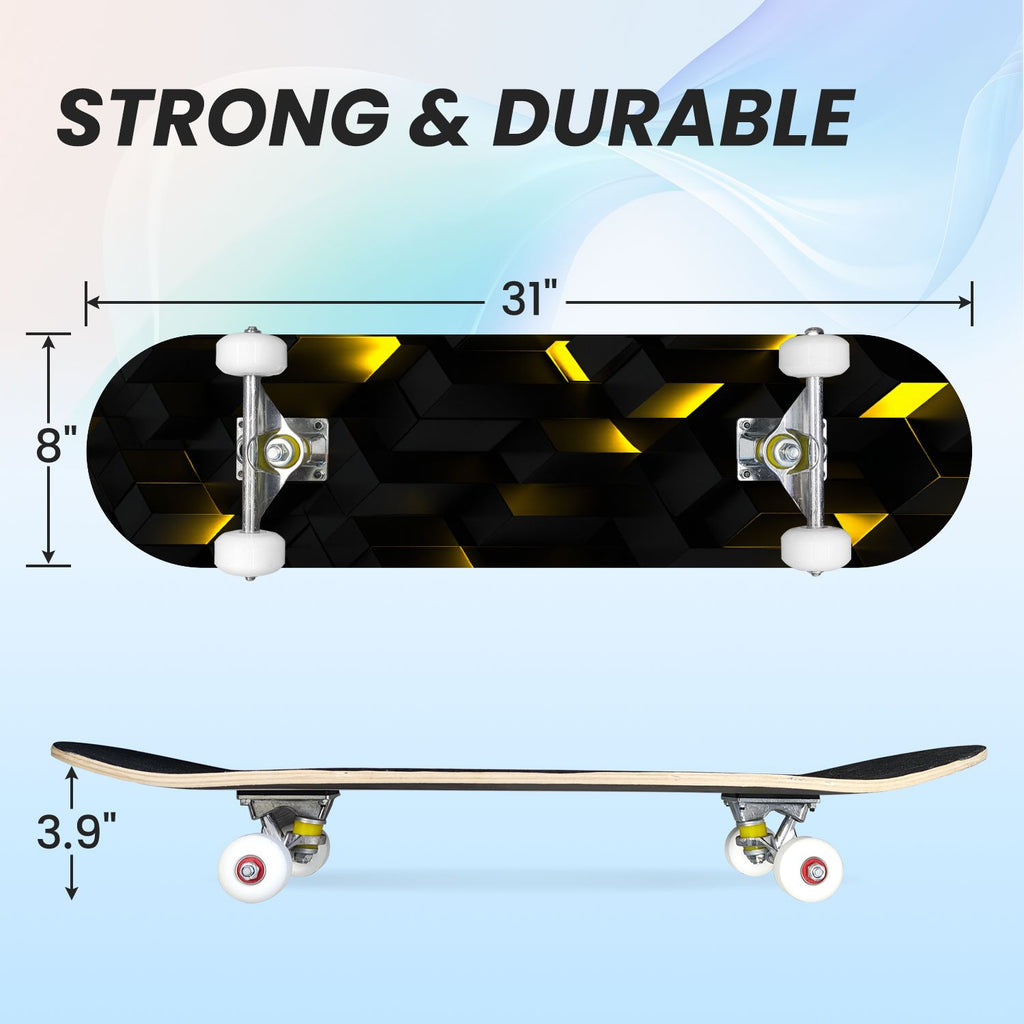 31"x8" Complete Skateboards for Beginners, Honeycomb Futuristic Hexagonal Neon Glowing Orange Light Double Kick 7 Ply Canadian Maple Deck Skateboard with Wheels, Gifts for Kids Teens